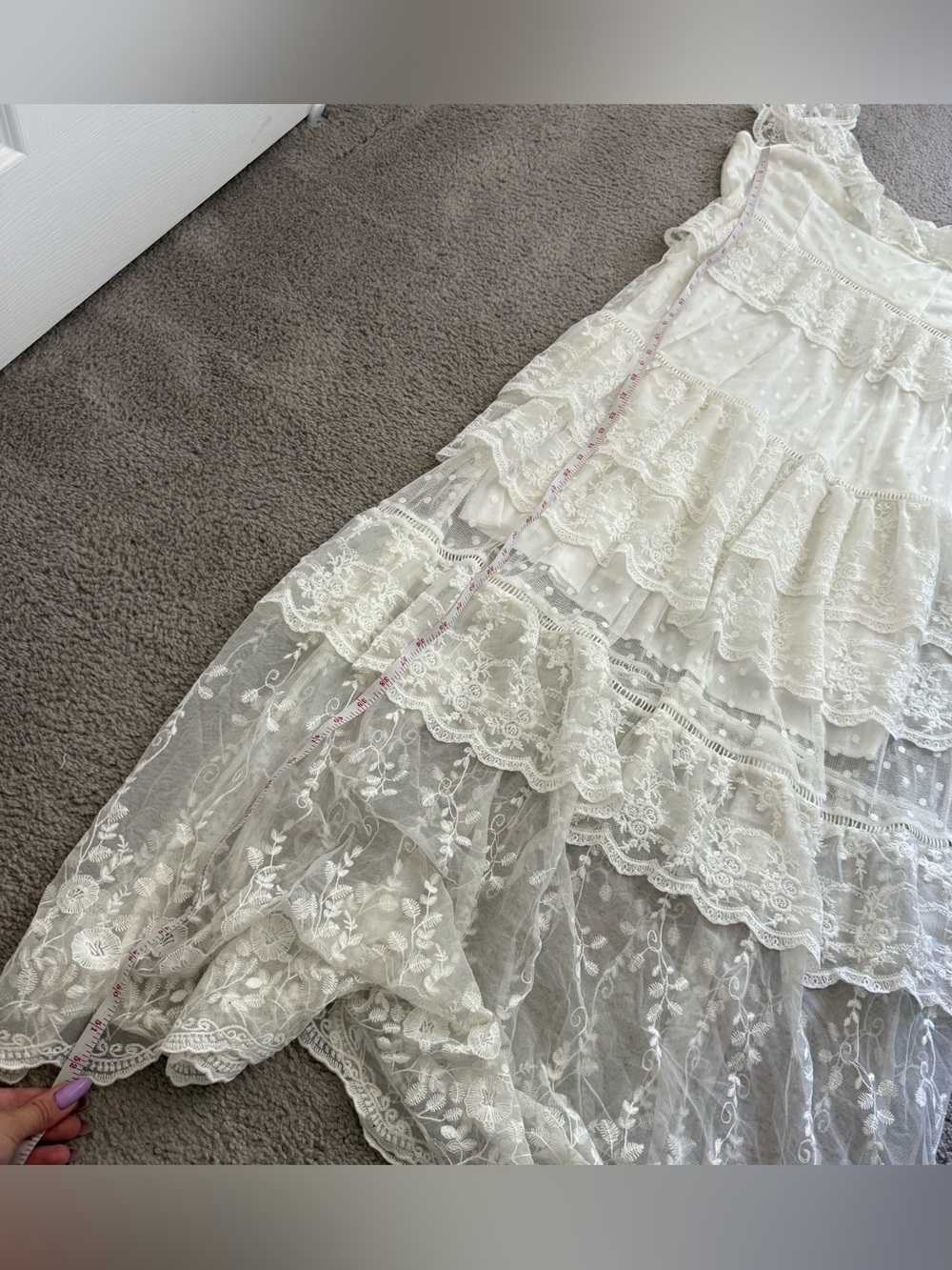 Boho White lace maxi cold shoulder tiered dress ruffles polka dots cottagecore - Picture 8 of 8